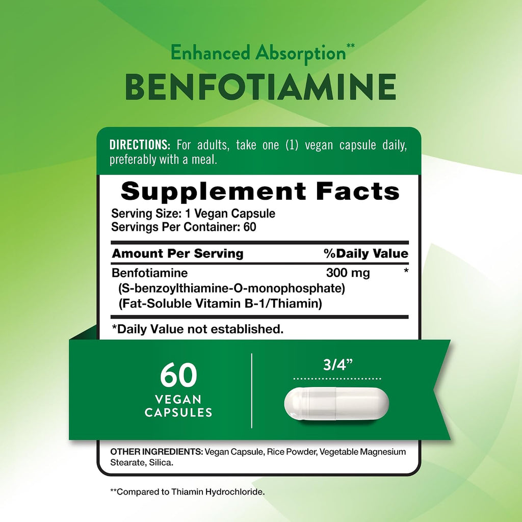 Nature's Truth Benfotiamina | 300mg | 60 Cápsulas | Vegano, No-GMO y Sin Gluten | Precursor de Vitamina B1
