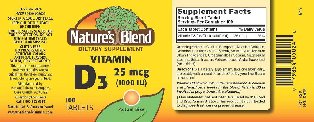 Vitamina D3 1000 UI 100 comprimidos – Nature's Blend