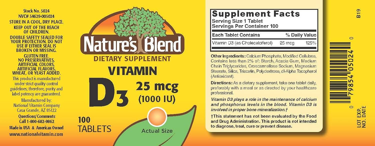 Vitamina D3 1000 UI 100 comprimidos – Nature's Blend