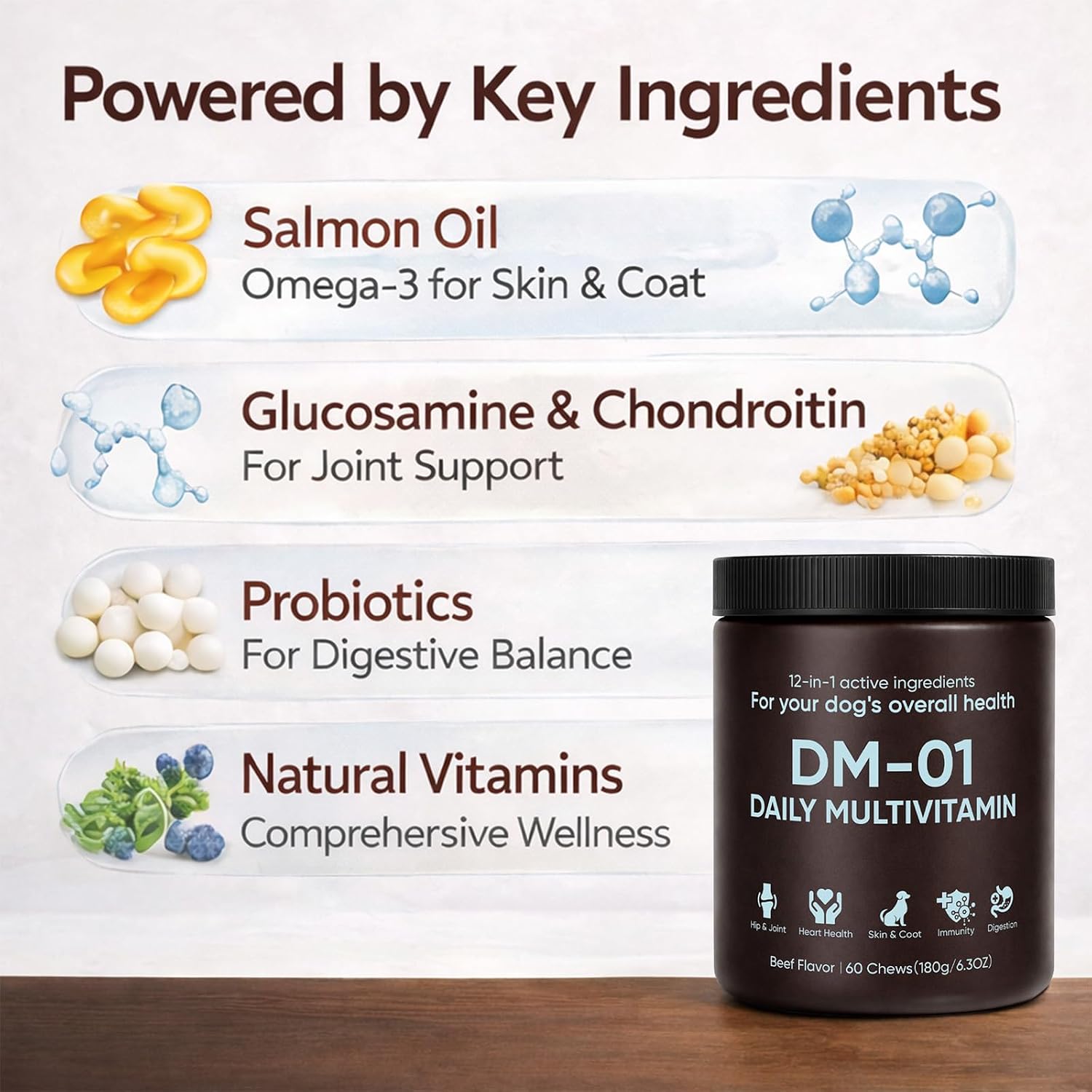 DM-01 Multivitamínico Diario para Perros - 60 Comprimidos Masticables Sabor Carne