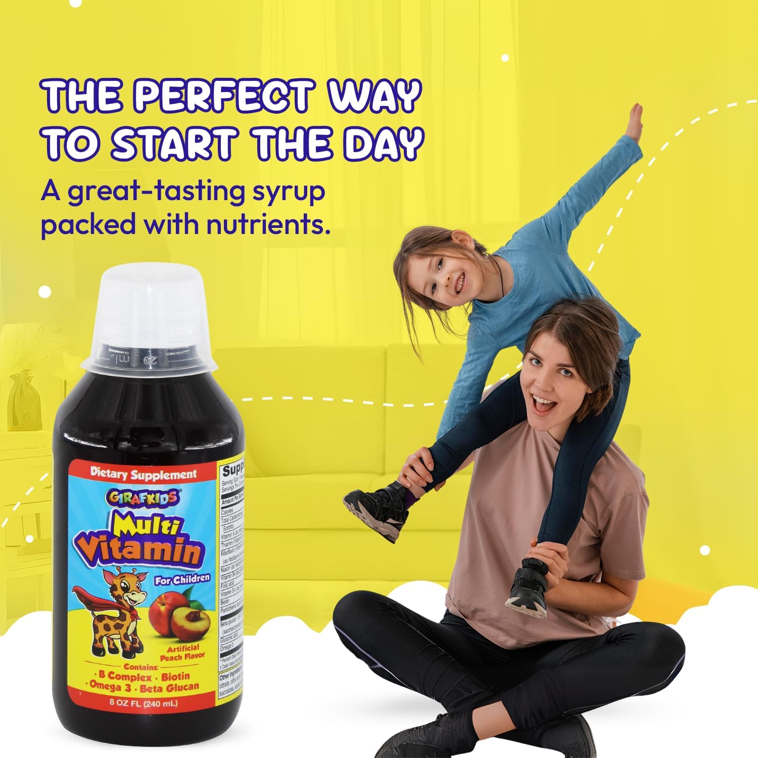 GirafKids Multivitamínico Líquido para Niños (237 ml) - con Biotina, Vitamina A, Complejo B, Ácido Fólico, Omega-3 y Beta Glucano