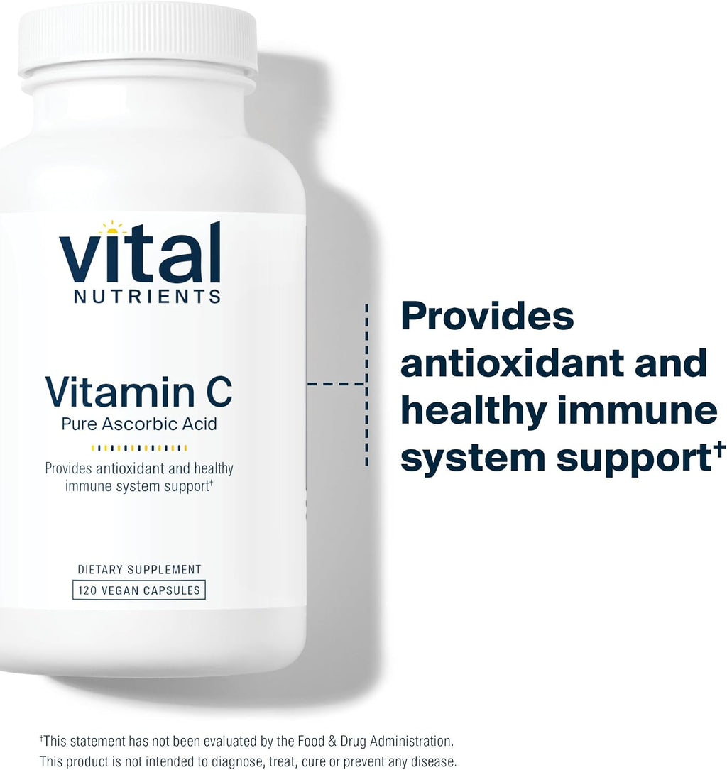 Vital Nutrients Vitamina C 1000 mg (ácido ascórbico puro) - Antioxidante vegano para el sistema inmunitario y absorción de hierro* - Sin gluten, lácteos ni soja - Sin OMG - 120 cápsulas