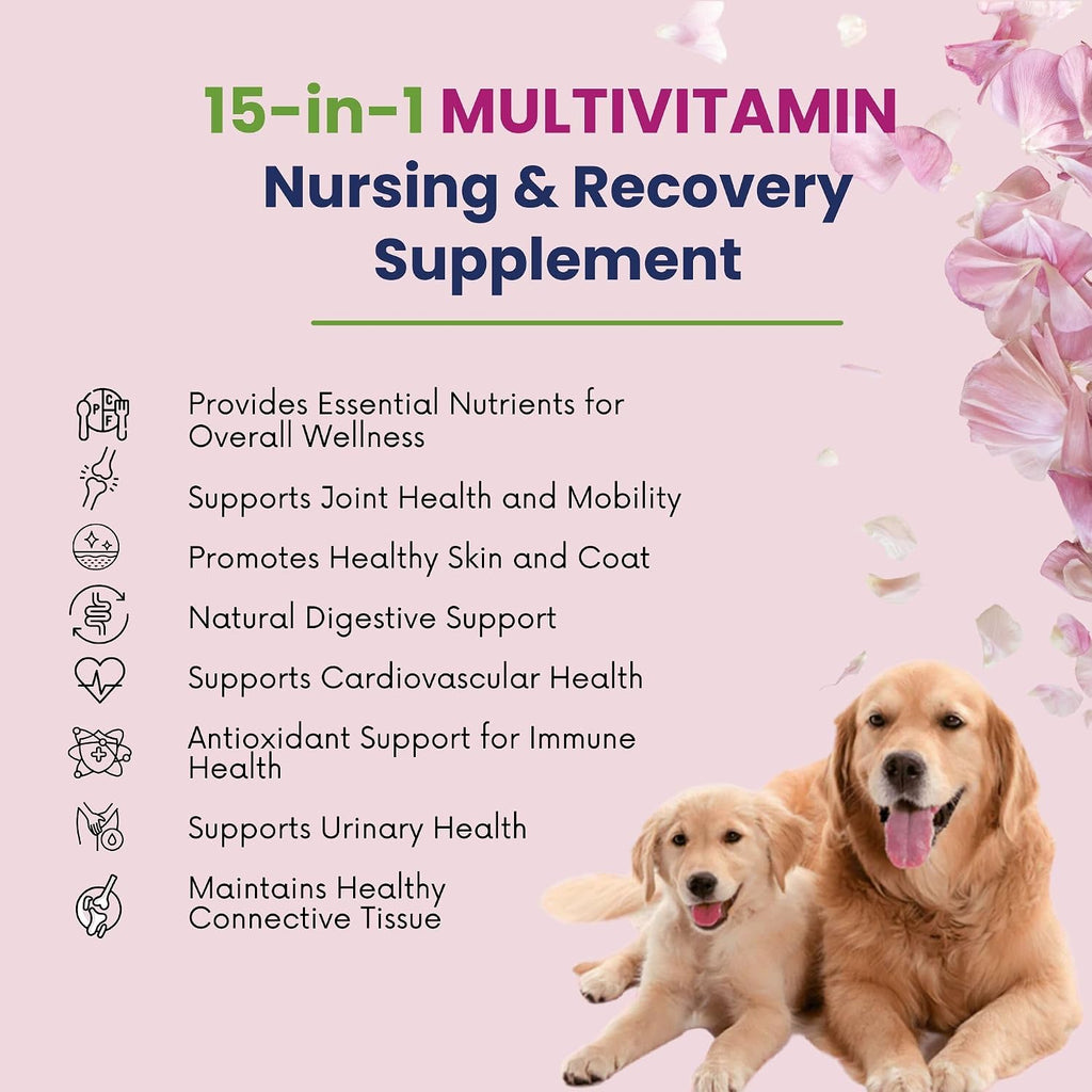15-en-1 Multivitamínico Posparto para Perros - Recuperación, Articulaciones, Piel y Pelaje - Probióticos para Perras Lactantes - 120 Comprimidos Masticables Sabor Pollo