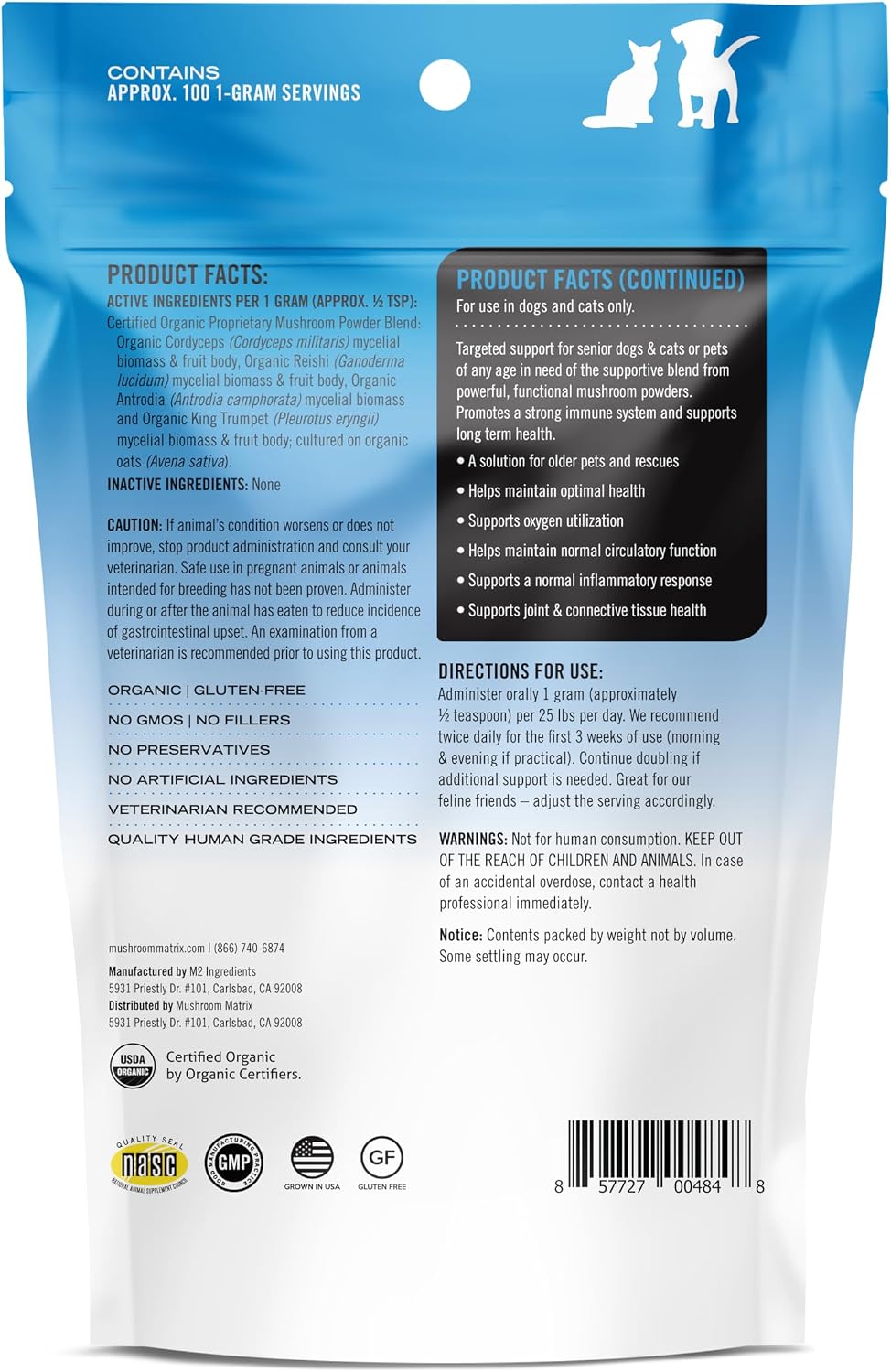 Om Mushroom Matrix Pet - Canine: Organic Mushroom Powder Supplement for Dogs and Cats, 100 g