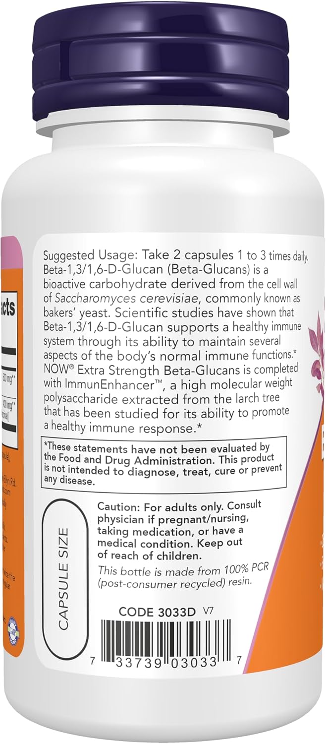 NOW Foods Beta-Glucanos con ImmunEnhancer™ y Arabinogalactano de Alerce, Extra Fuerte, 60 Cápsulas Veganas