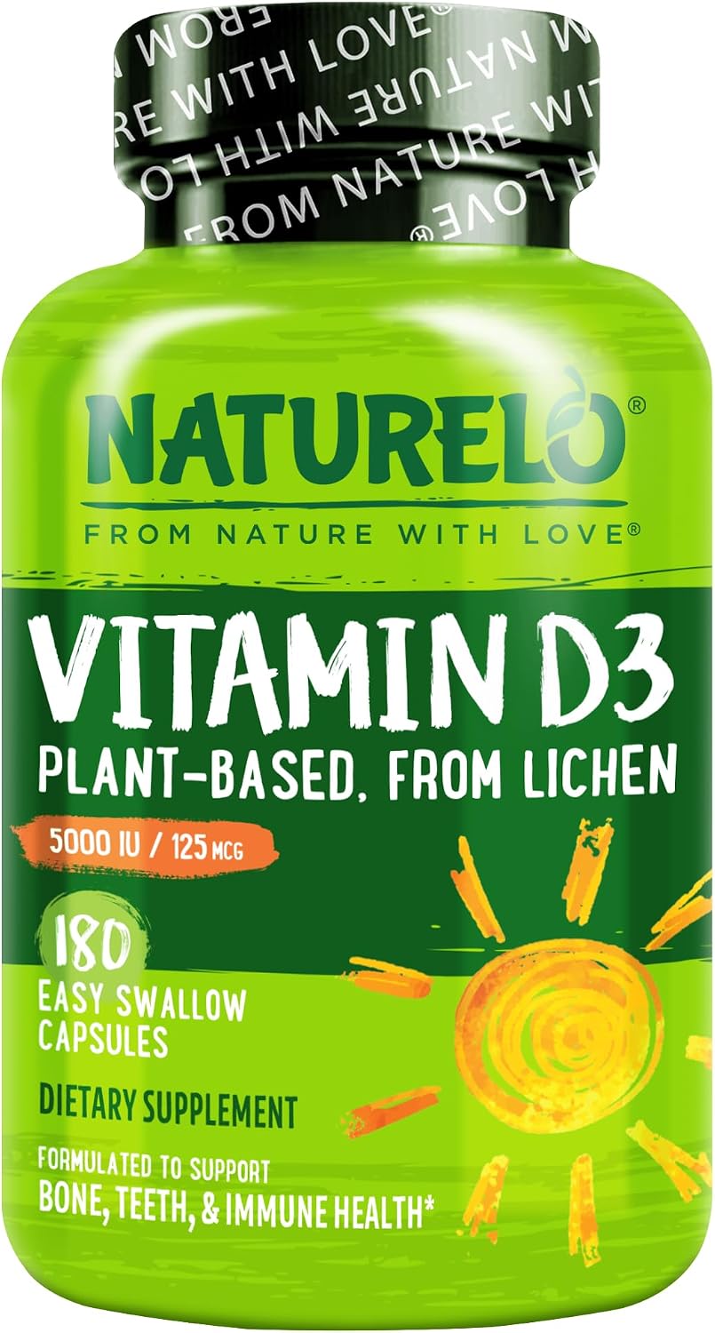 NATURELO Vitamina D3 5000 UI - De origen vegetal (liquen) - Suplemento vegano para el sistema inmunitario y la salud ósea - Alta potencia - No-GMO - Sin gluten - 180 cápsulas (Paquete de 2)