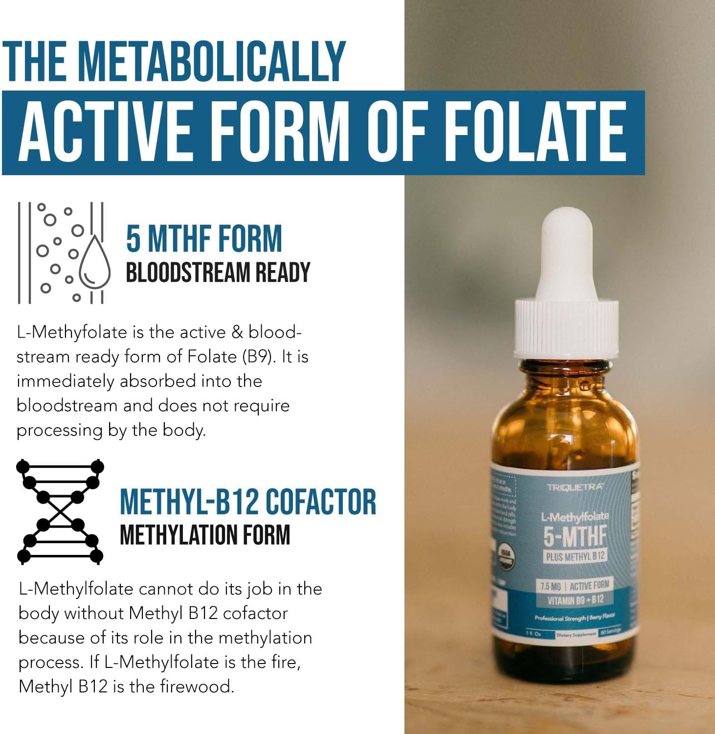 L-Metilfolato Orgánico 7.5 mg con Cofactor Metil B12 - Sabor a Bayas Orgánico - Líquido Sublingual - 30 ml