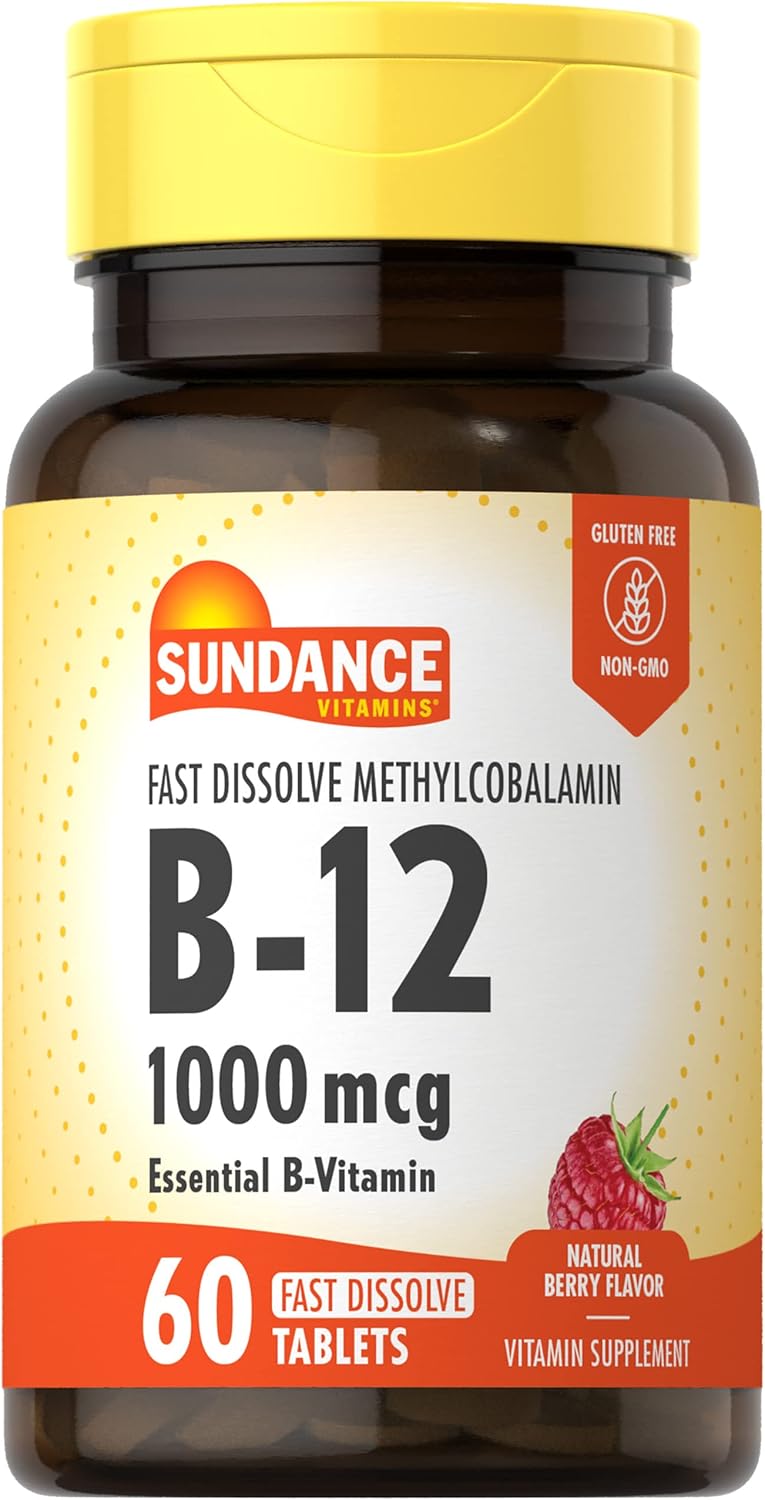 Sundance Vitamina B12 1000 mcg - Comprimidos de disolución rápida - Metilcobalamina - Suplemento vegano, sin gluten y no transgénico