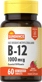 Sundance Vitamina B12 1000 mcg - Comprimidos de disolución rápida - Metilcobalamina - Suplemento vegano, sin gluten y no transgénico