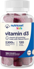Nutricost Gomitas de Vitamina D3 para Niños 2500 UI (62.5 mcg), 120 Gomitas - Sabor a Bayas Mixtas