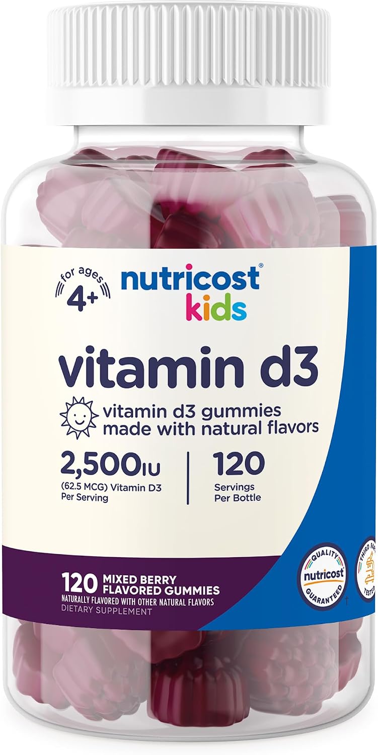 Nutricost Gomitas de Vitamina D3 para Niños 2500 UI (62.5 mcg), 120 Gomitas - Sabor a Bayas Mixtas