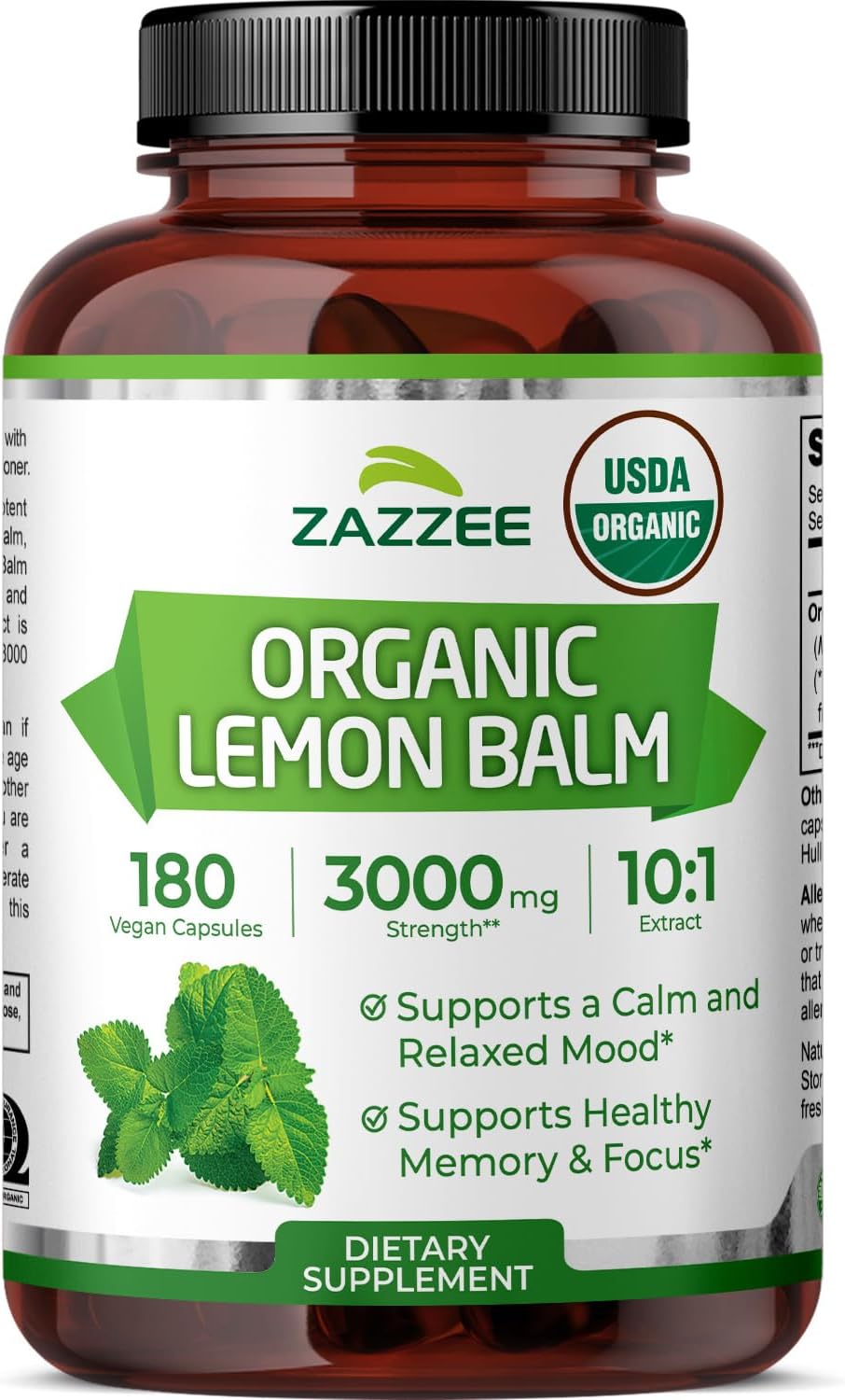 Zazzee Extracto de Melisa Orgánico 10:1 - 180 Cápsulas Veganas, 6 Meses de Suministro