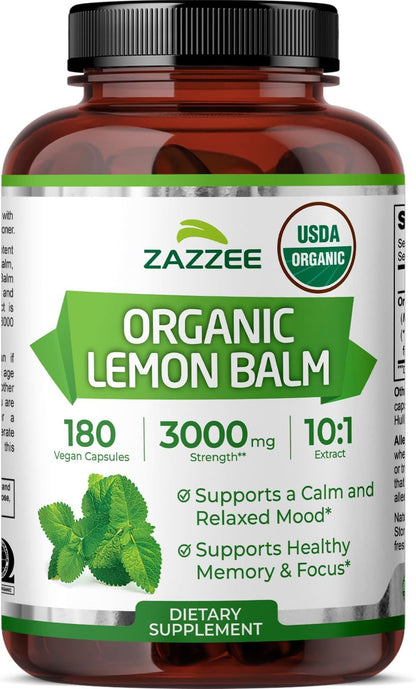 Zazzee Extracto de Melisa Orgánico 10:1 - 180 Cápsulas Veganas, 6 Meses de Suministro – Image 1