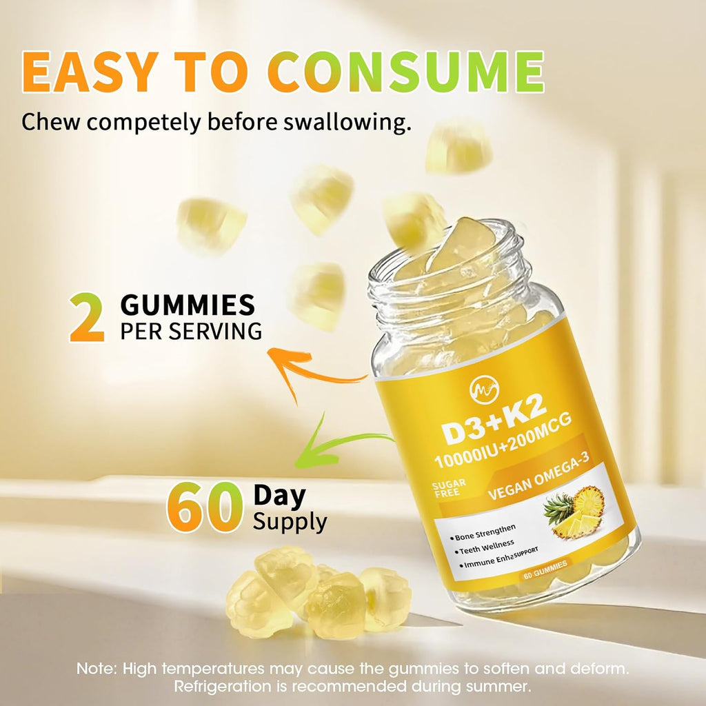 M inch Vitamin D3 K2 Gummies, Vitamina D3 10000IU, K2 (MK-7) 200mcg, Complemento 6 en 1 con Omega-3, Sin Azúcar, Pack de 2