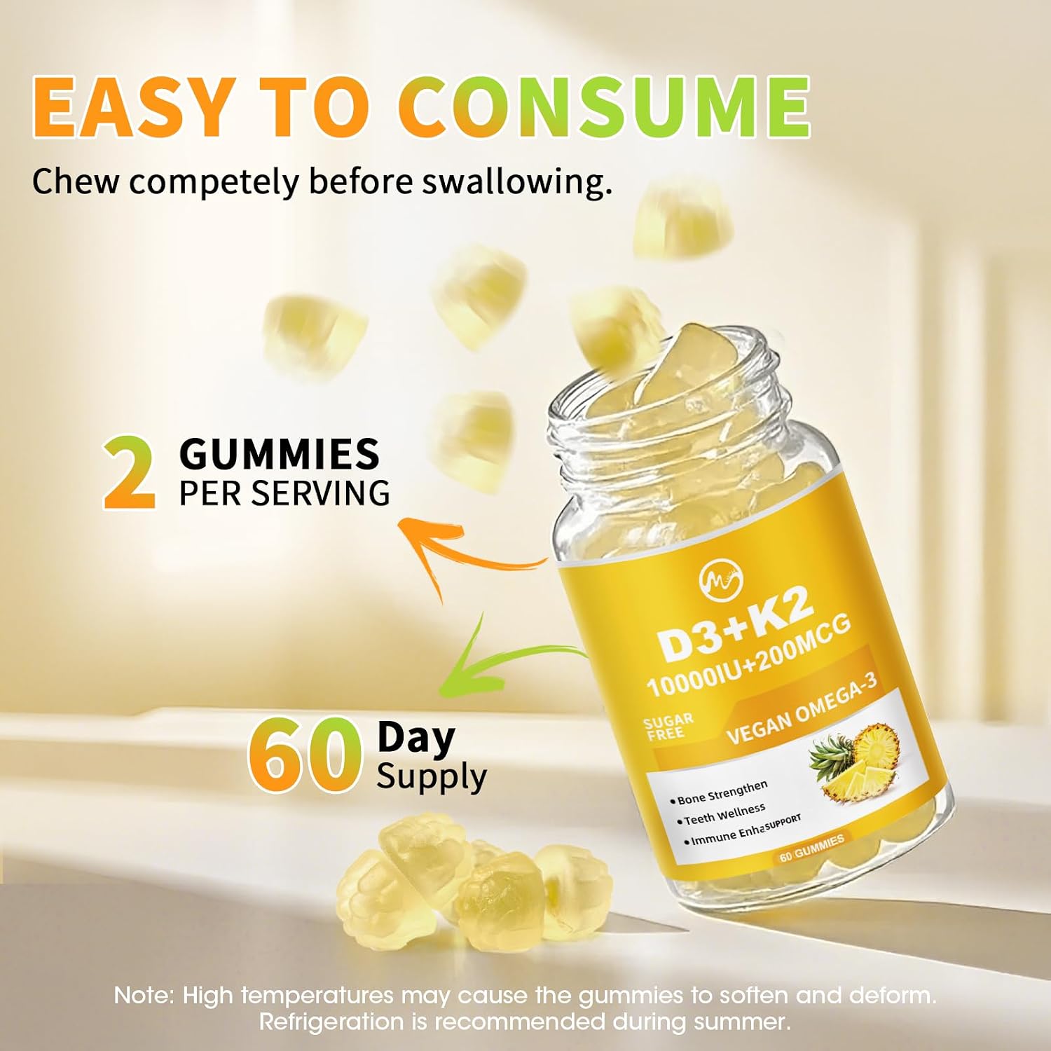 M inch Vitamin D3 K2 Gummies, Vitamina D3 10000IU, K2 (MK-7) 200mcg, Complemento 6 en 1 con Omega-3, Sin Azúcar, Pack de 2