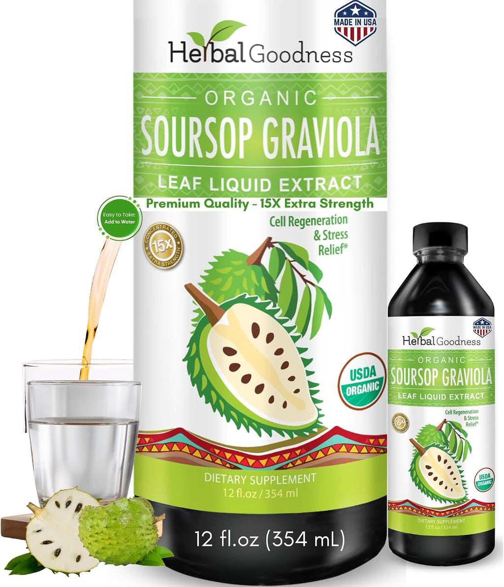 Herbal Goodness Gotas Líquidas de Guanábana Graviola 355 ml - Extracto Orgánico de Hojas de Guanábana 15x para Apoyo Digestivo, Celular e Inmune - Vegano, Sin OGM, Hecho en EE.UU.