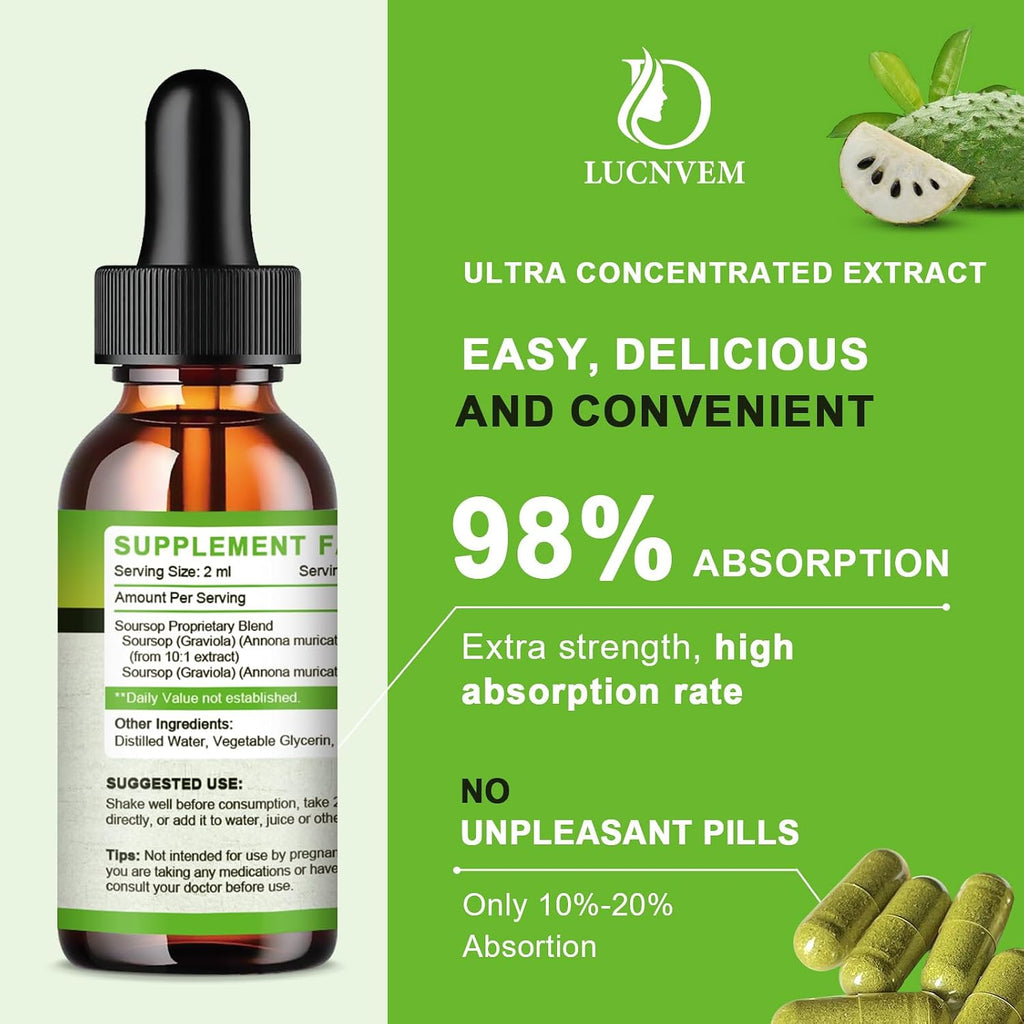 Gotas Orgánicas de Soursop Graviola - Extracto Líquido Puro con Sabor a Manzana - 60 ml (30 Días Vegano)
