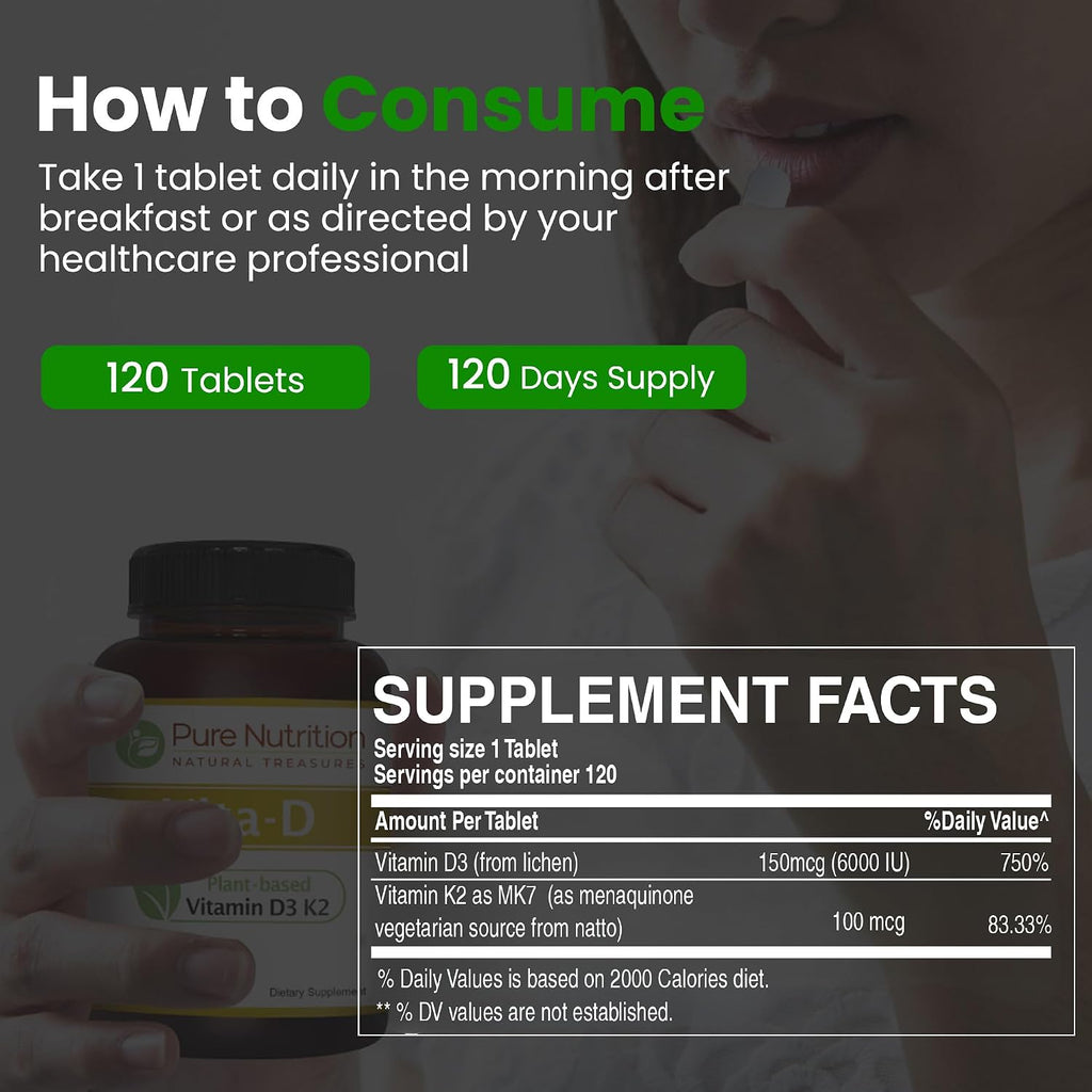 Pure Nutrition Vitamina D3 + K2 MK-7 | 120 Comprimidos Veganos | 6000 UI D3 + 100 mcg K2