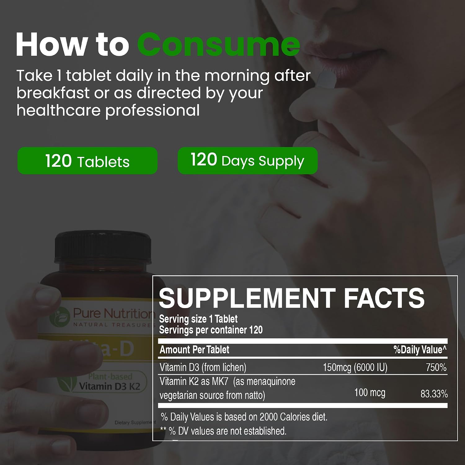 Pure Nutrition Vitamina D3 + K2 MK-7 | 120 Comprimidos Veganos | 6000 UI D3 + 100 mcg K2