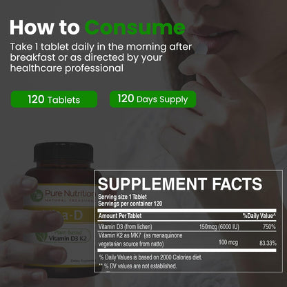 Pure Nutrition Vitamina D3 + K2 MK-7 | 120 Comprimidos Veganos | 6000 UI D3 + 100 mcg K2