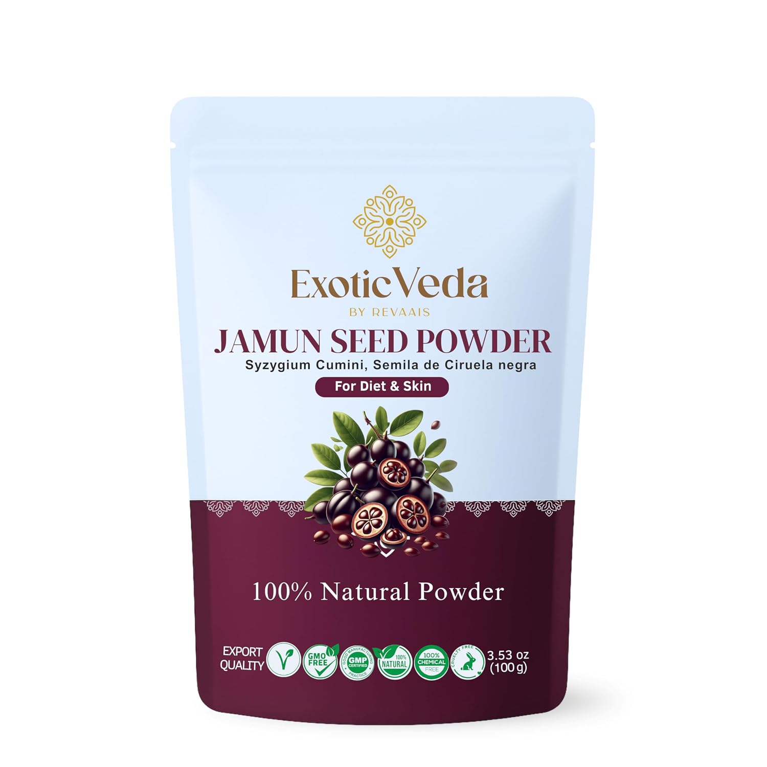 Exotic Veda Polvo de Semillas de Jamun – 100% Puro (Eugenia Jambolana) | Vegano, Sin Gluten, No Transgénico | Para Batidos, Cocina y Mascarillas – 100g
