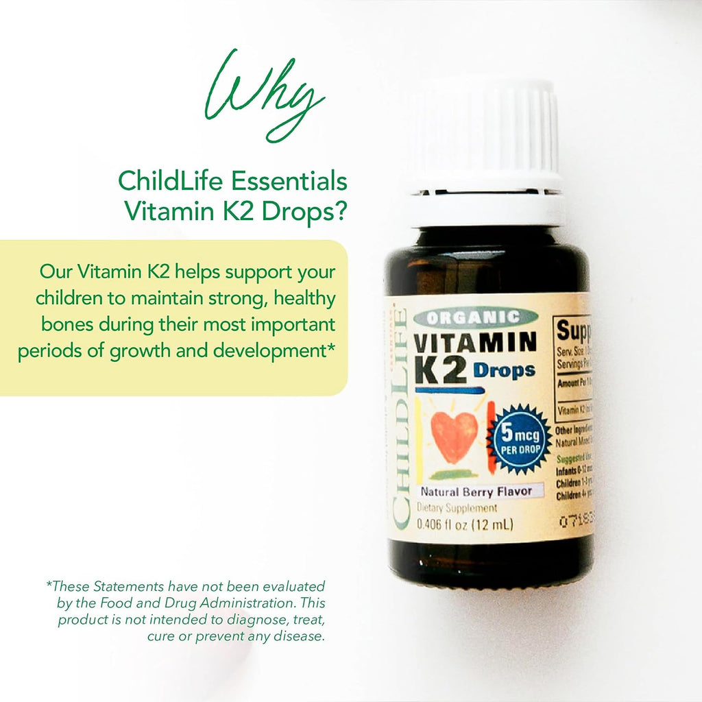 ChildLife Essentials Vitamina K2 Orgánica en Gotas - Complemento de Vitamina K para Bebés y Niños - Sabor Natural a Bayas - 0,25 oz (7,4 ml)