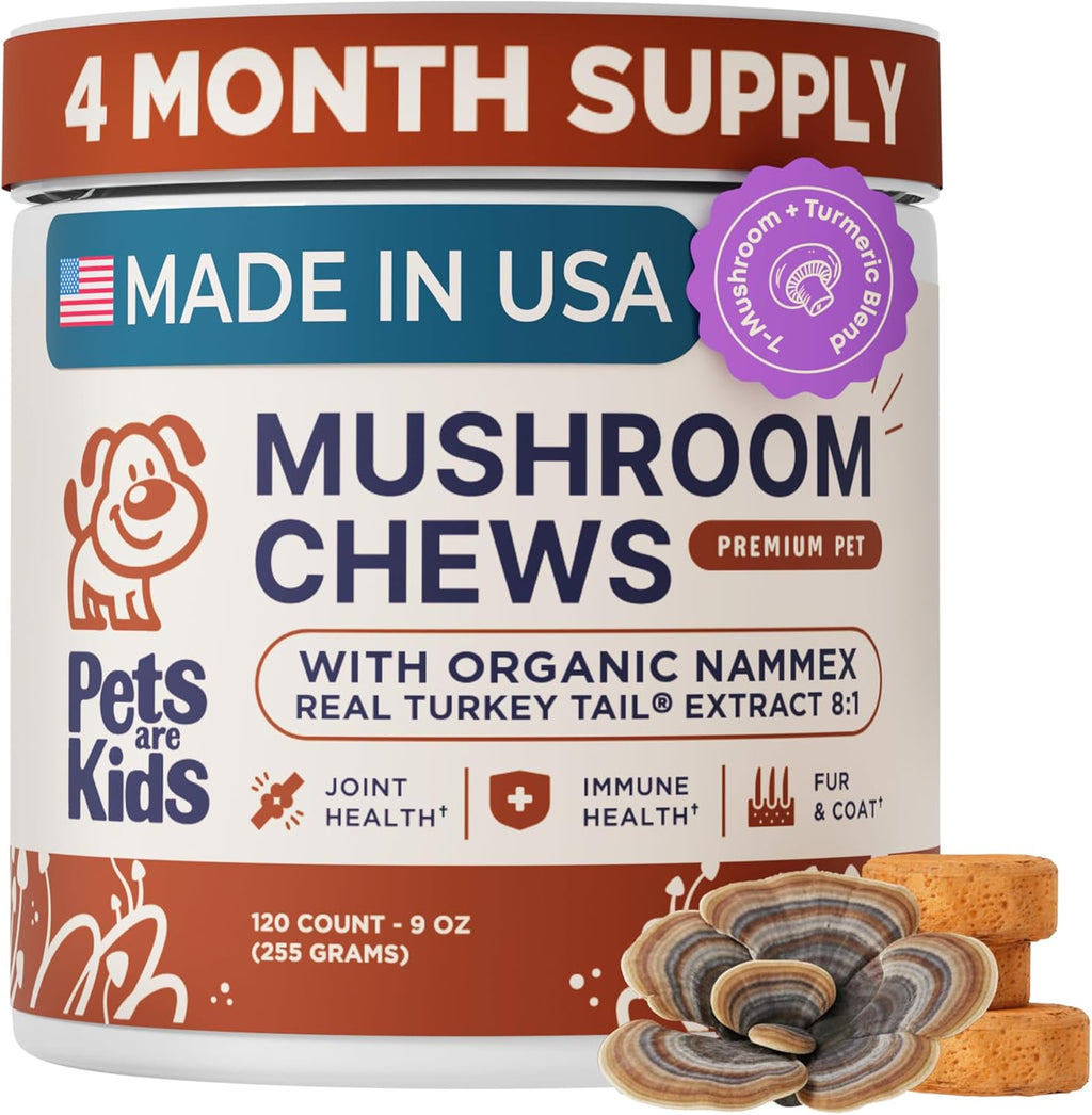 Pets are Kids Turkey Tail Mushroom for Dogs with Organic Real Turkey Tail™ - 8:1 Extract Mushroom Chews for Immune System Health, Gut, Skin & Joint Support - Reishi, Lion's Mane - 120 Chews