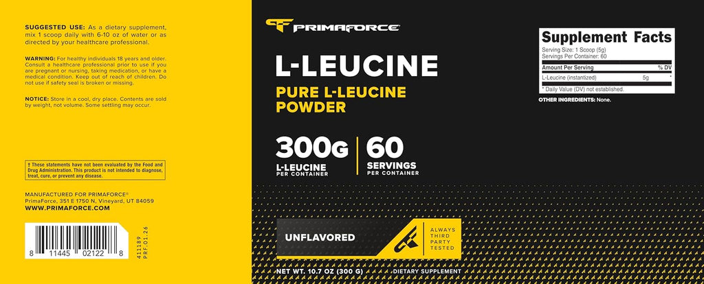 Primaforce L-Leucina en Polvo (300 Gramos | 60 Raciones) - L-Leucina Pura, 5 Gramos por Ración