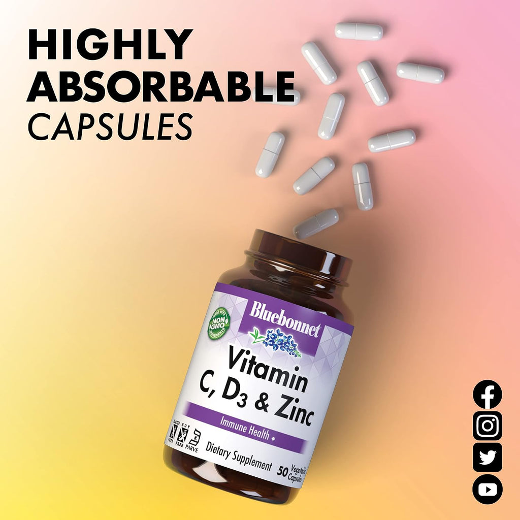BlueBonnet Nutrition Vitamin C, D3 & Zinc – Complemento alimenticio con vitamina C, D3 y zinc, 50 cápsulas vegetales