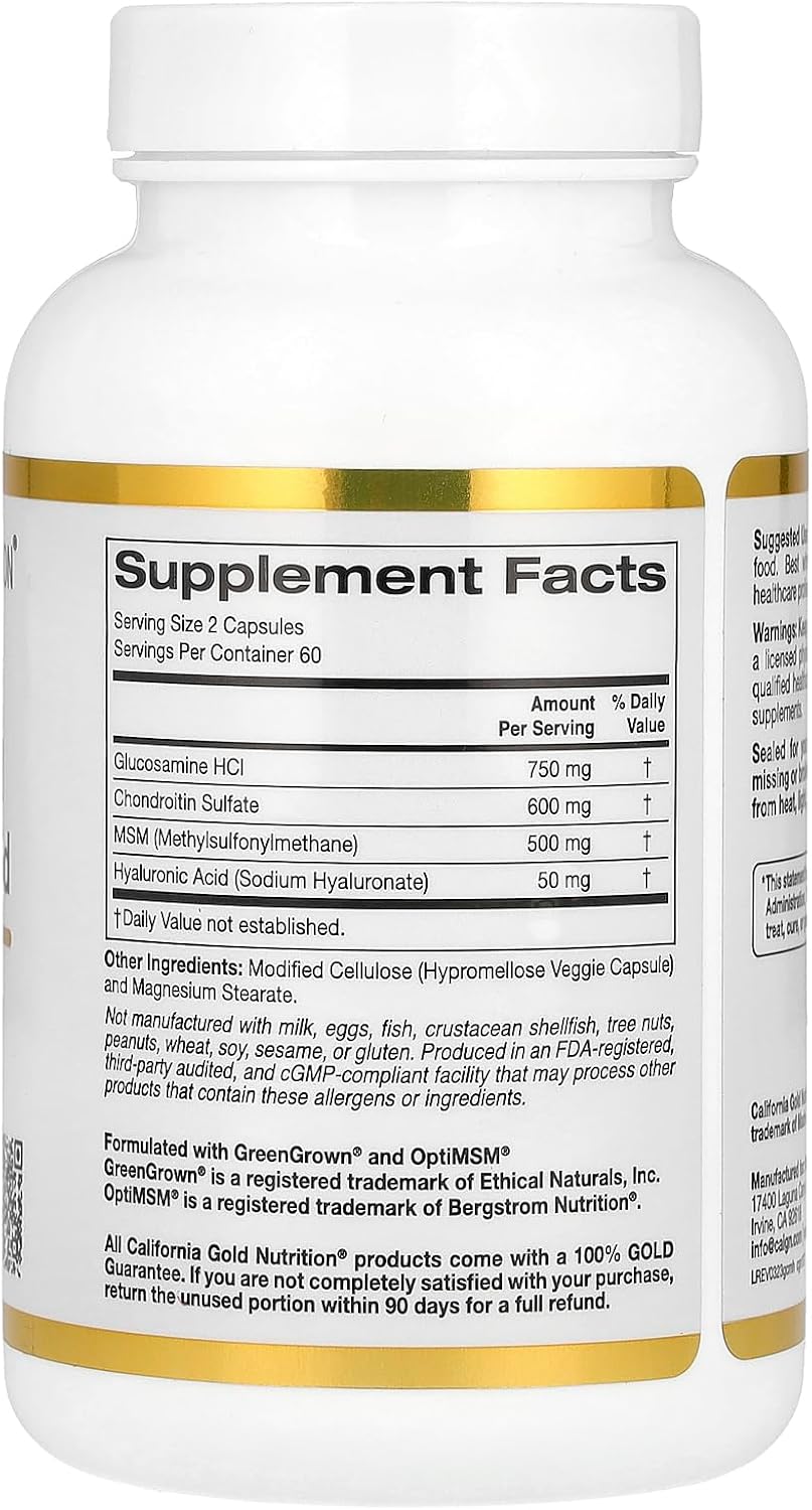 California Gold Nutrition Glucosamina, Condroitina, MSM y Ácido Hialurónico, 120 Cápsulas Vegetales