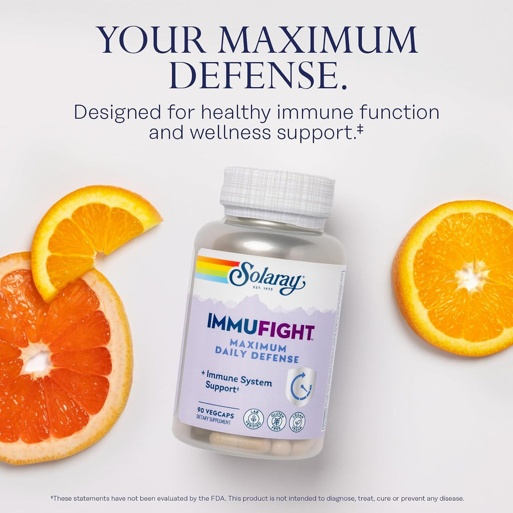 SOLARAY Immufight Maximum Daily Defense, All Day Immune Support, Vitamin C, Vitamin D, Zinc, Probiotics, Monolaurin, Acerola & More, Vegan & Gluten Free, 30 Servings, 90 VegCaps