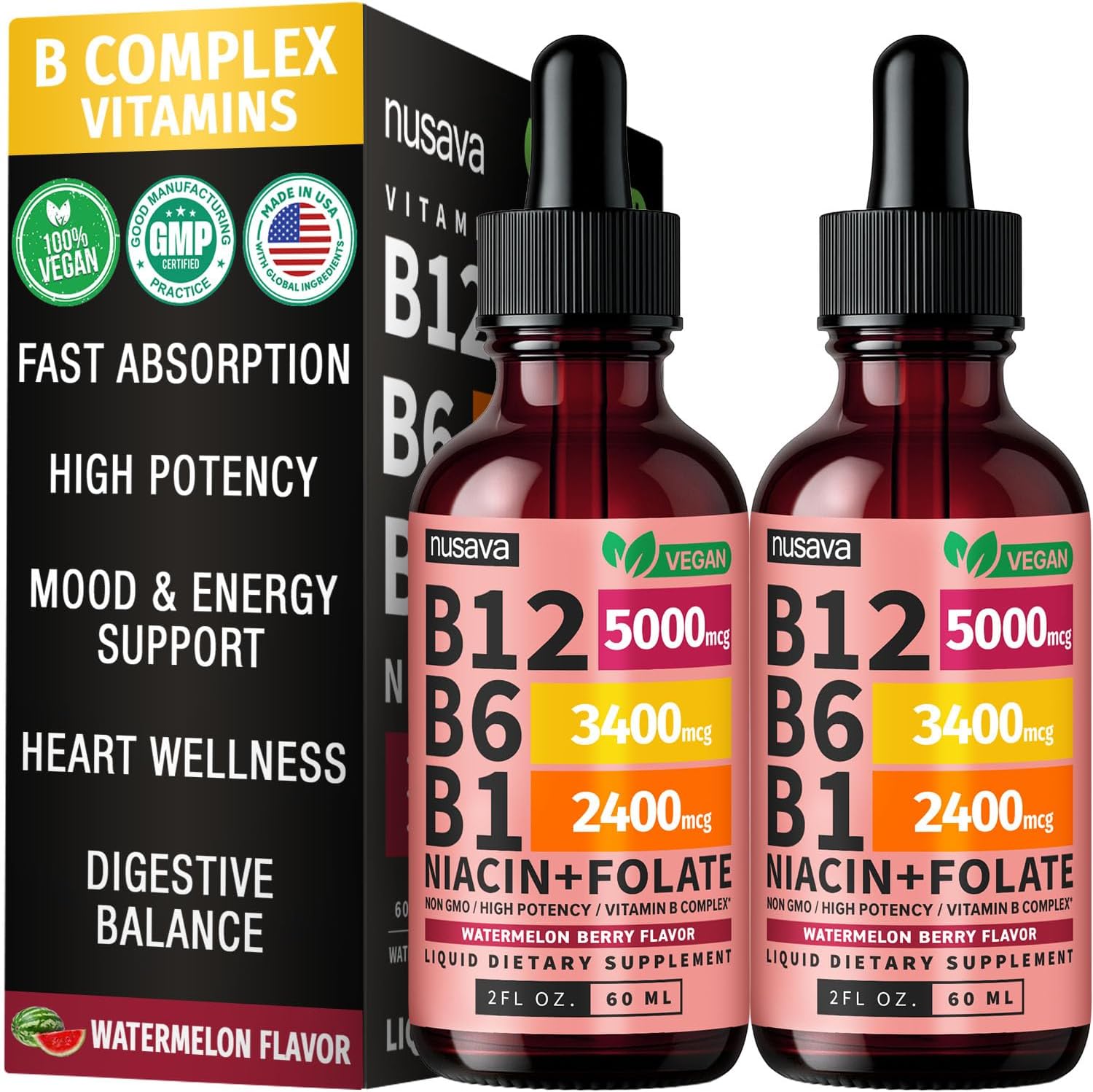 NUSAVA Gotas de Vitamina B12 Líquida 5000mcg - Complejo B con B6, B1, Niacina y Ácido Fólico - Metilcobalamina, Vegano, Sin Gluten, Sabor a Sandía y Bayas (2 Pack, 60 ml)