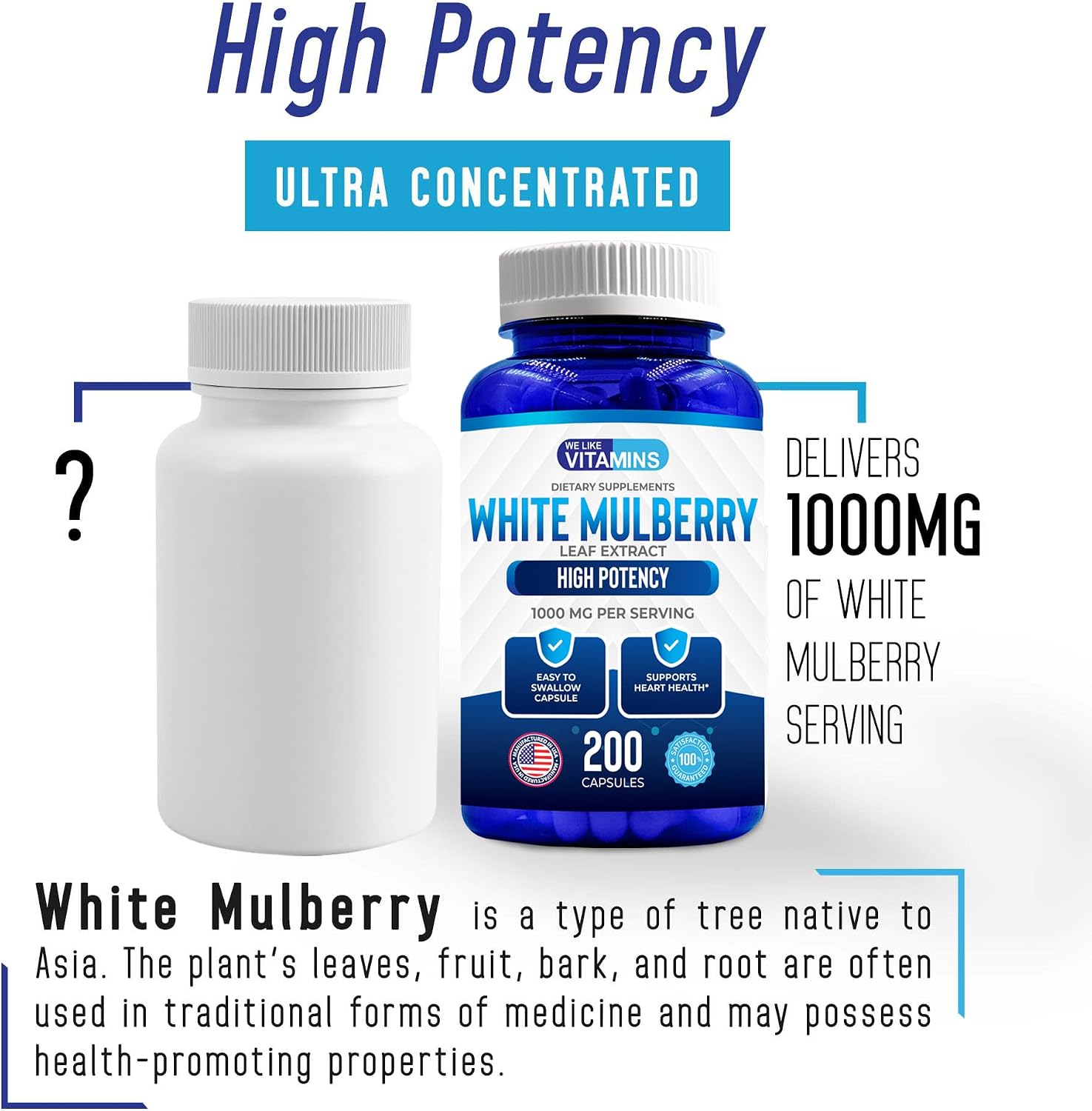 White Mulberry 1000mg 200 Cápsulas Veganas – Extracto de Hoja de Morera Blanca