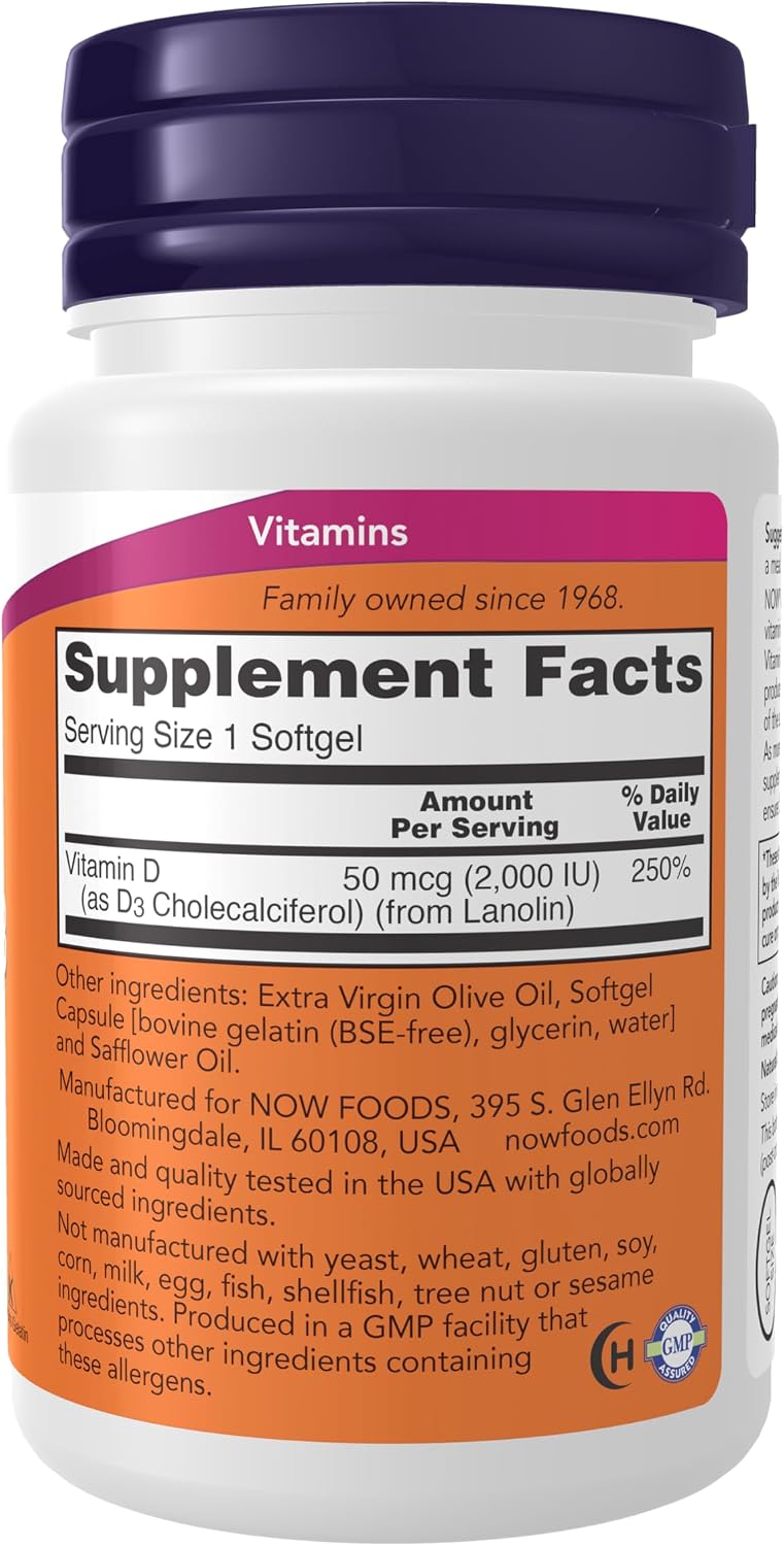 NOW Foods, Vitamina D-3 2000 IU, Alta Potencia, 30 Cápsulas Blandas