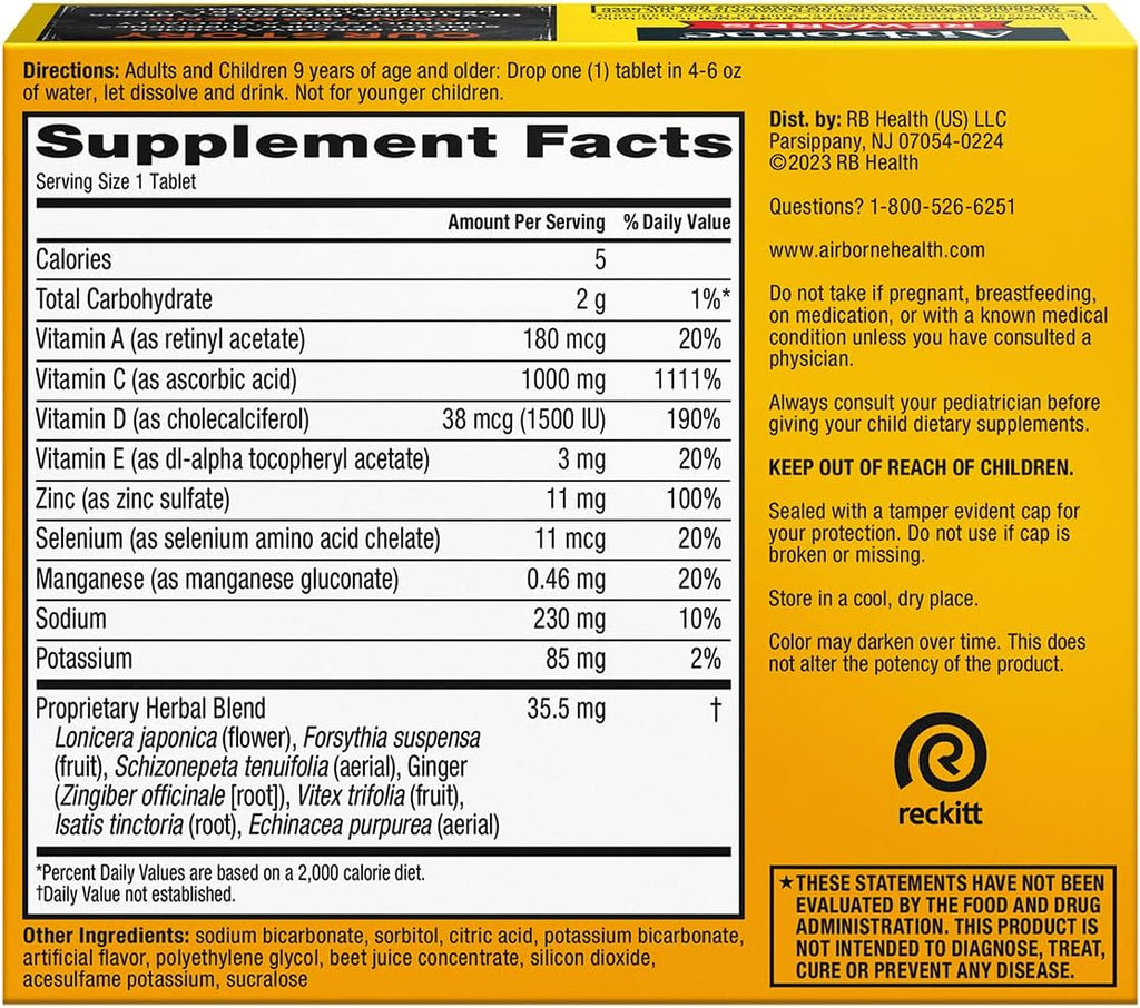 Airborne 1000mg Vitamina C con Vitamina D + Zinc Multivitamínico Sin Azúcar Comprimidos Efervescentes Sabor Very Berry, 30 Comprimidos (2 Pack)