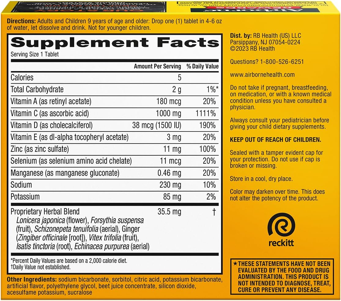 Airborne 1000mg Vitamina C con Vitamina D + Zinc Multivitamínico Sin Azúcar Comprimidos Efervescentes Sabor Very Berry, 30 Comprimidos (2 Pack)