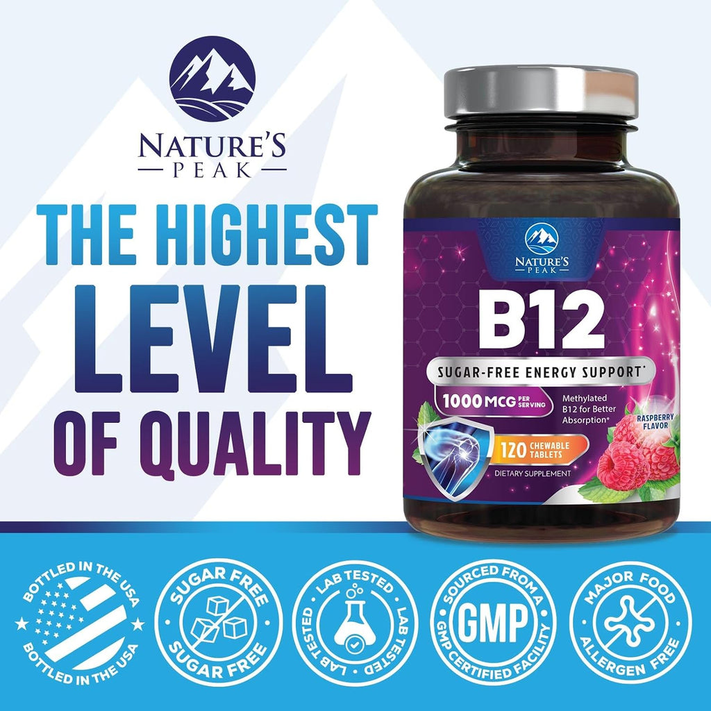 Vitamin B12 Complex (Methylcobalamin) 1000 mcg - Suplemento de Vitamina B12, Metilcobalamina, 120 Tabletas Masticables Sabor Bayas