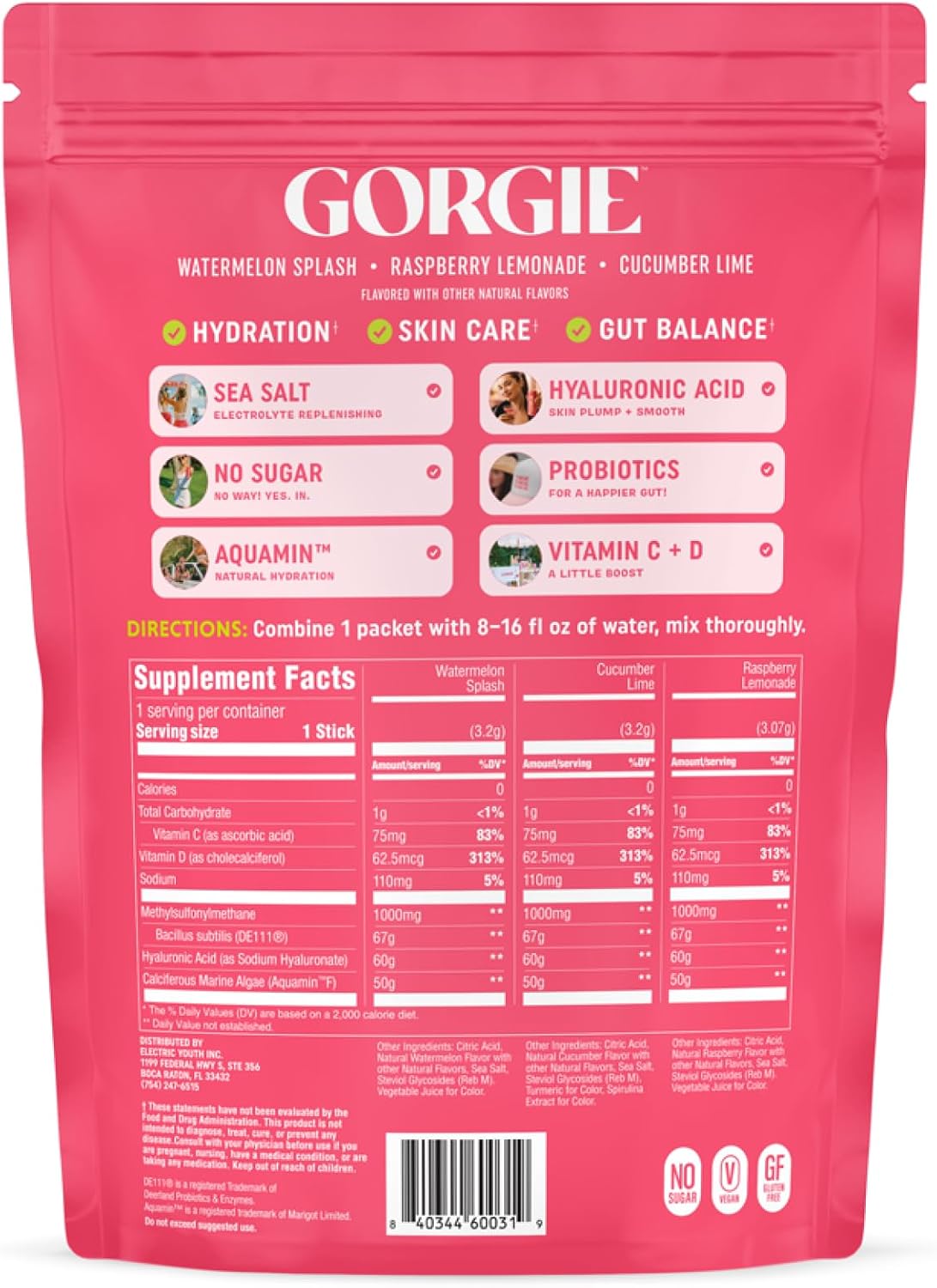 GORGIE Glow Hydration Packets, Sobres de Electrolitos sin Azúcar, Ácido Hialurónico, Probióticos, Aquamin, Vitaminas C y D, Sin Cafeína - Pack Variado 15 Sticks
