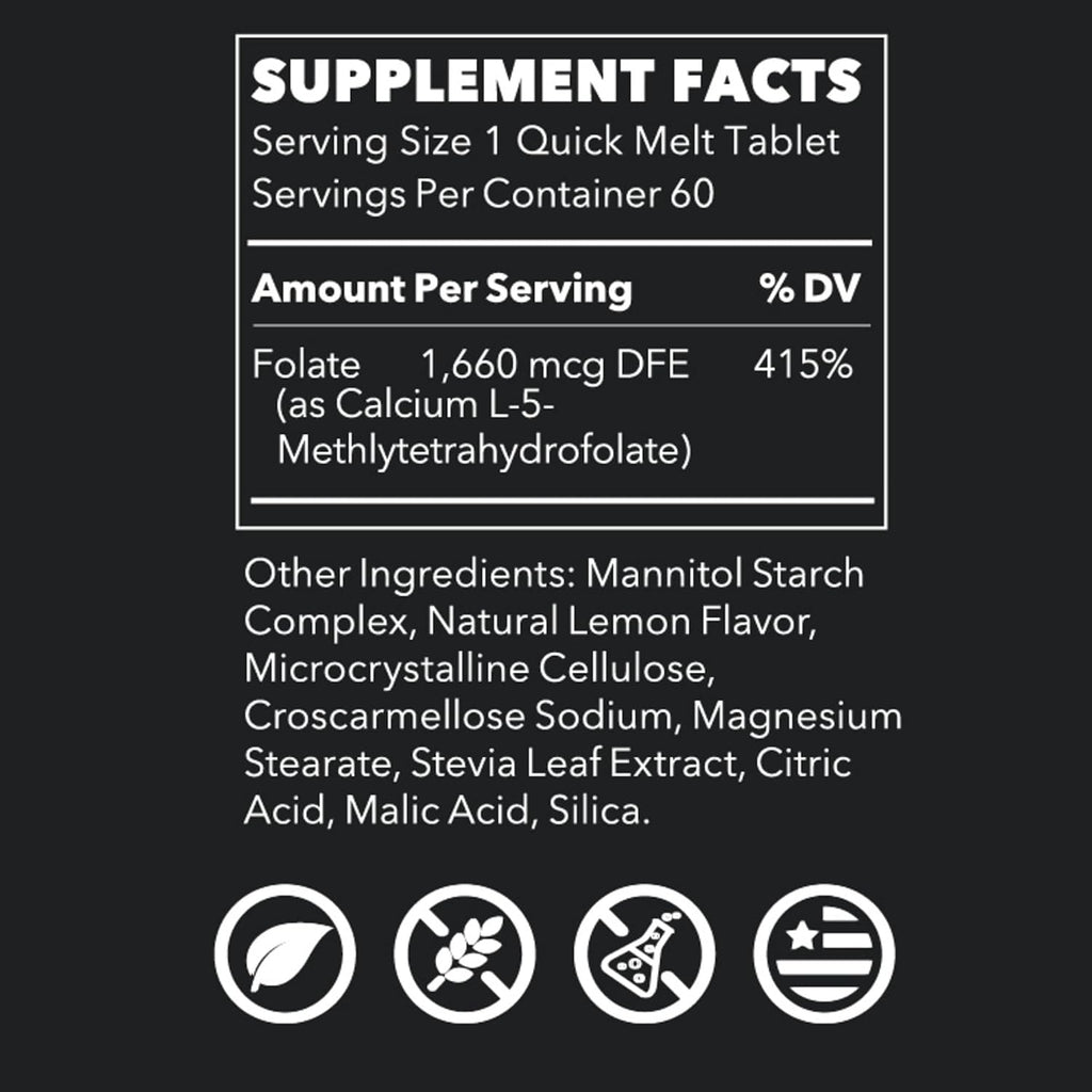 LifeSeasons Essentials Methyl Folate Quick Melts – Suplemento de Metilfolato 5-MTHF – 60 Comprimidos de Disolución Rápida Sabor Limón