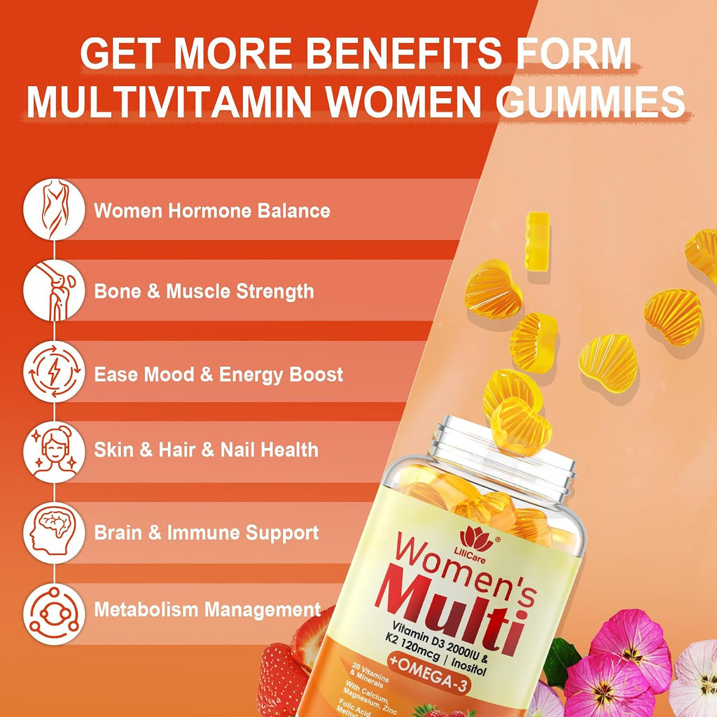 LILICARE Gominolas Multivitamínicas para Mujer con Omega-3, D3+K2 y B12 Metilada - Sin Azúcar (120 uds)