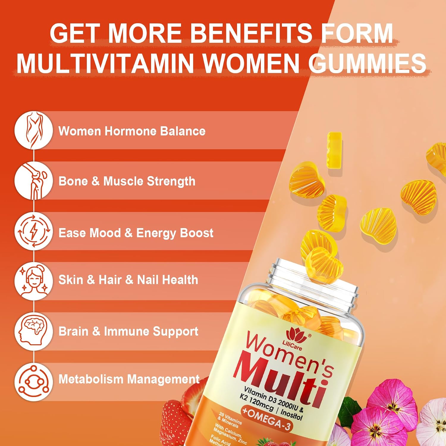 Multivitamínico para Mujeres con Omega-3, Vitamina D3 K2, Calcio, Inositol, Complejo B, Metilfolato y Metil B12 - 60 Gominolas Sin Azúcar