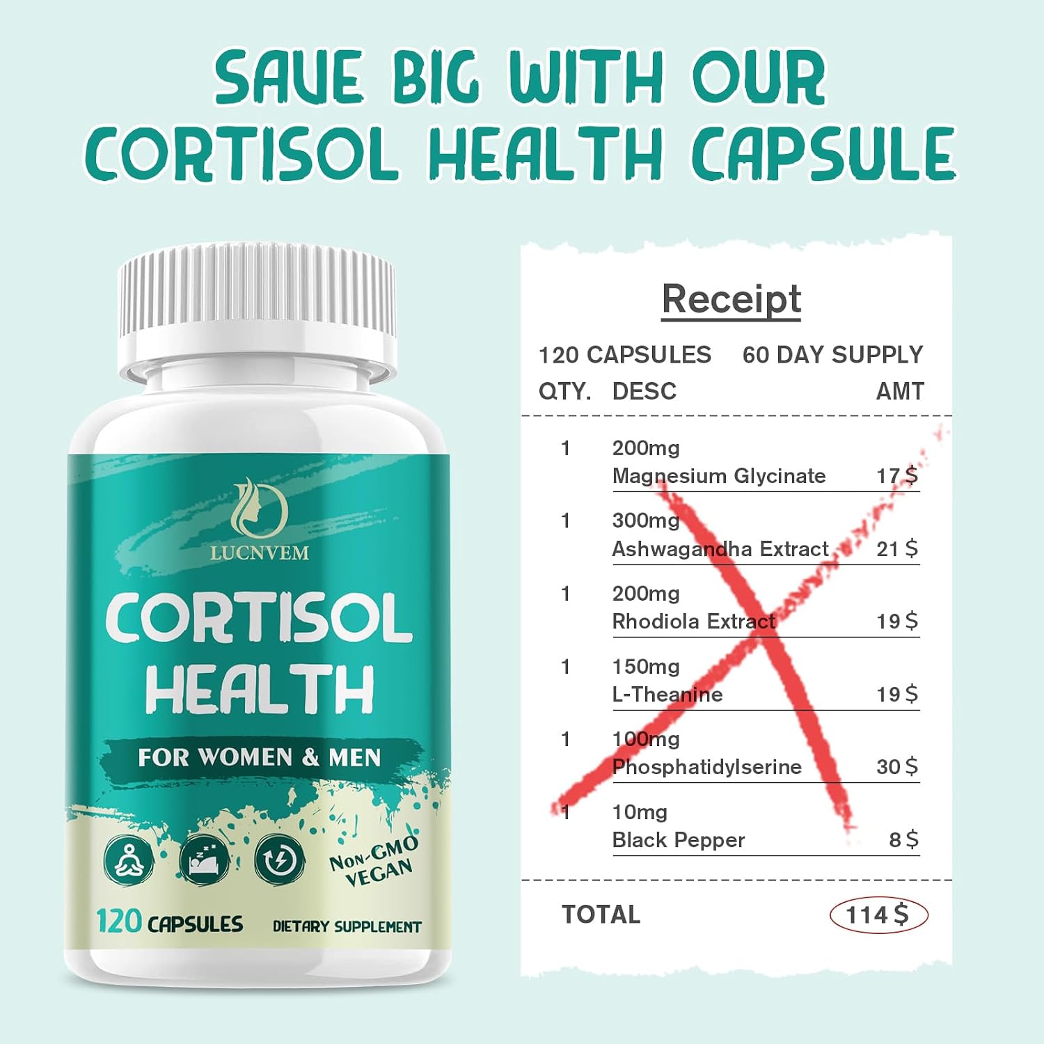 Suplemento de Cortisol para Mujeres y Hombres | 60 Días | Ashwagandha, Rhodiola, Magnesio | Vegano