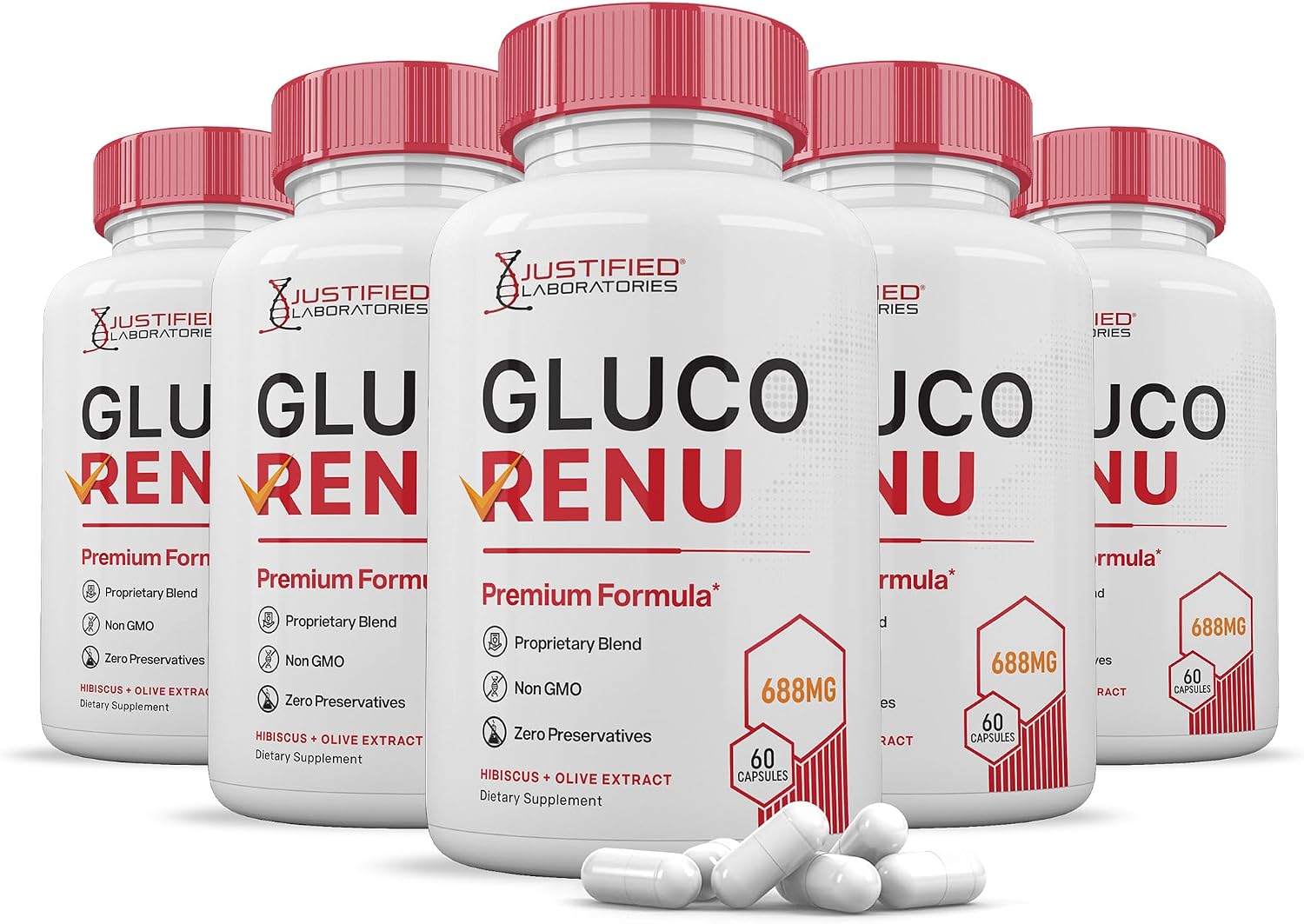 Gluco Renu 688 mg - Apoyo glucémico con hierbas - 300 cápsulas (5 envases)