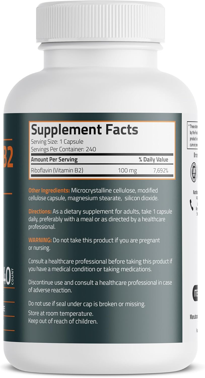 Bronson Vitamin B2 100mg Non-GMO, 240 Vegetarian Capsules