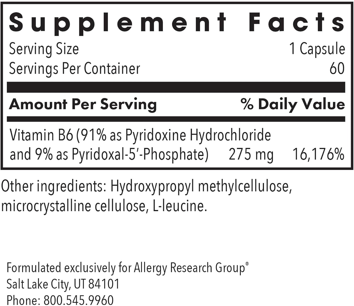 ARG Pyridoxine P5P - Vitamina B6 Activa con Piridoxal Fosfato - 60 Cápsulas