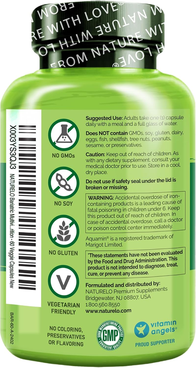 NATURELO Bariatric Multivitamin - One Daily with Iron - Suplemento para Cirugía Bariátrica - Nutrición Natural - 60 Cápsulas Veganas