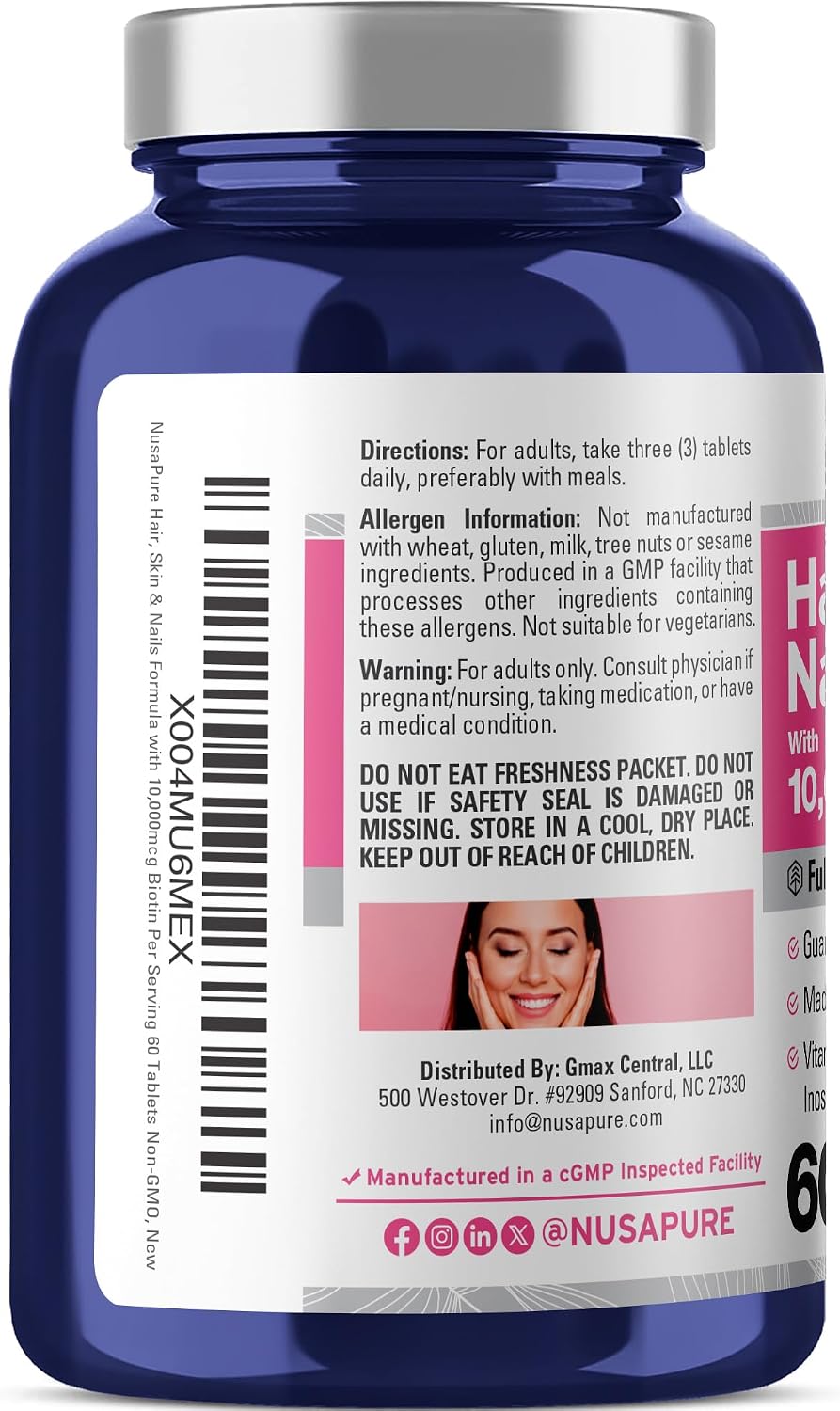 Fórmula NusaPure para Cabello, Piel y Uñas con 10.000 mcg de Biotina por Ración - 60 Comprimidos - Vegetariano y No-OGM