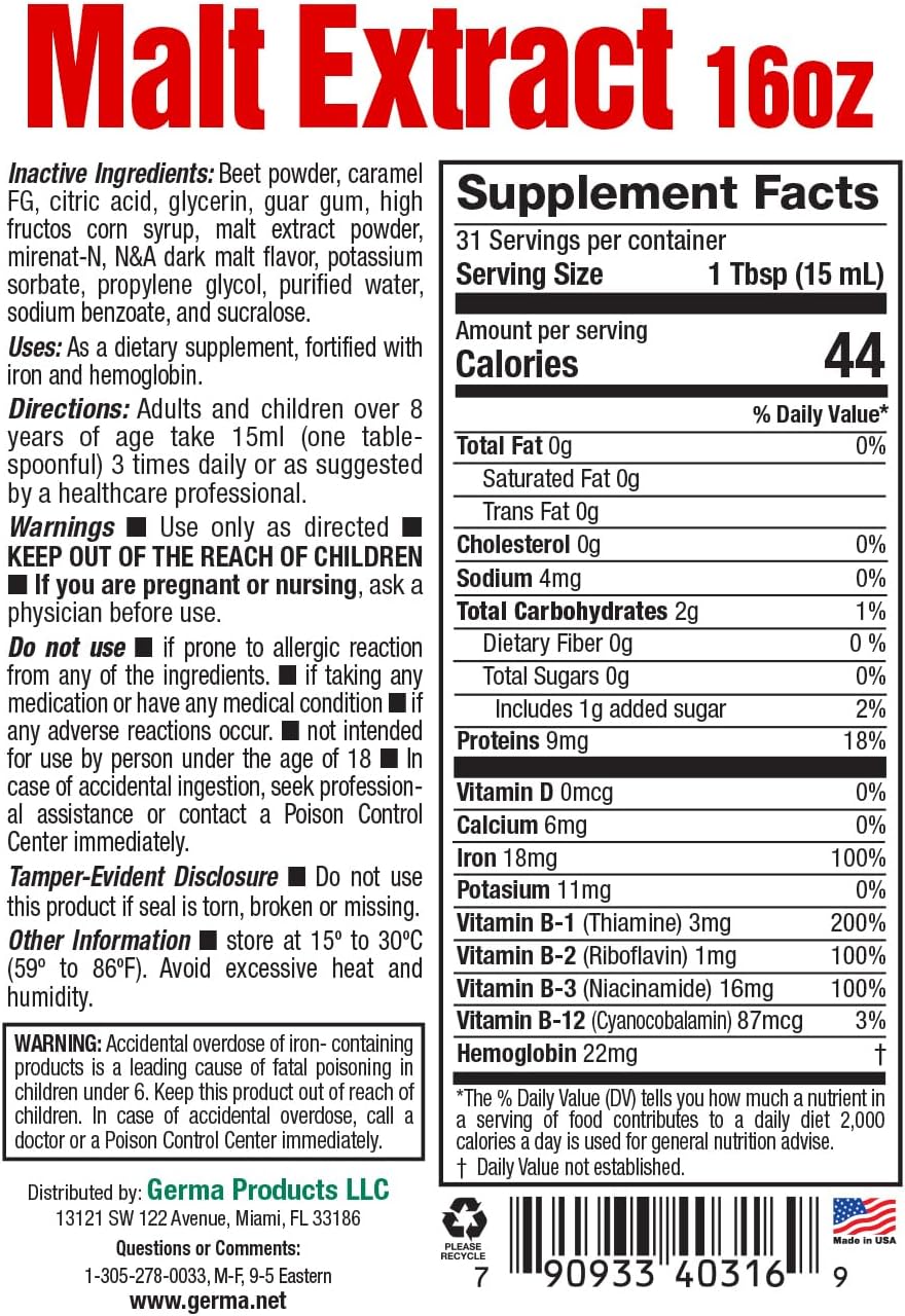 Germa Extracto de Malta – Suplemento dietético líquido para energía y vitalidad – Rico en vitaminas B y minerales esenciales – Apoyo nutricional tradicional – 16 fl oz
