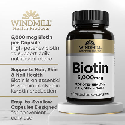 Windmill Natural Vitamins Biotin 5000 mcg, – El mantenimiento del cabello en condiciones normales. – Image 3