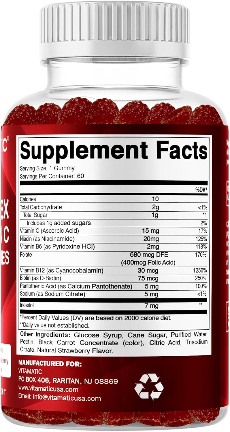 Vitamatic Gomitas de Complejo B con Vitamina C e Inositol - Sabor Natural Fresa - 60 Gomitas (3 Botellas)